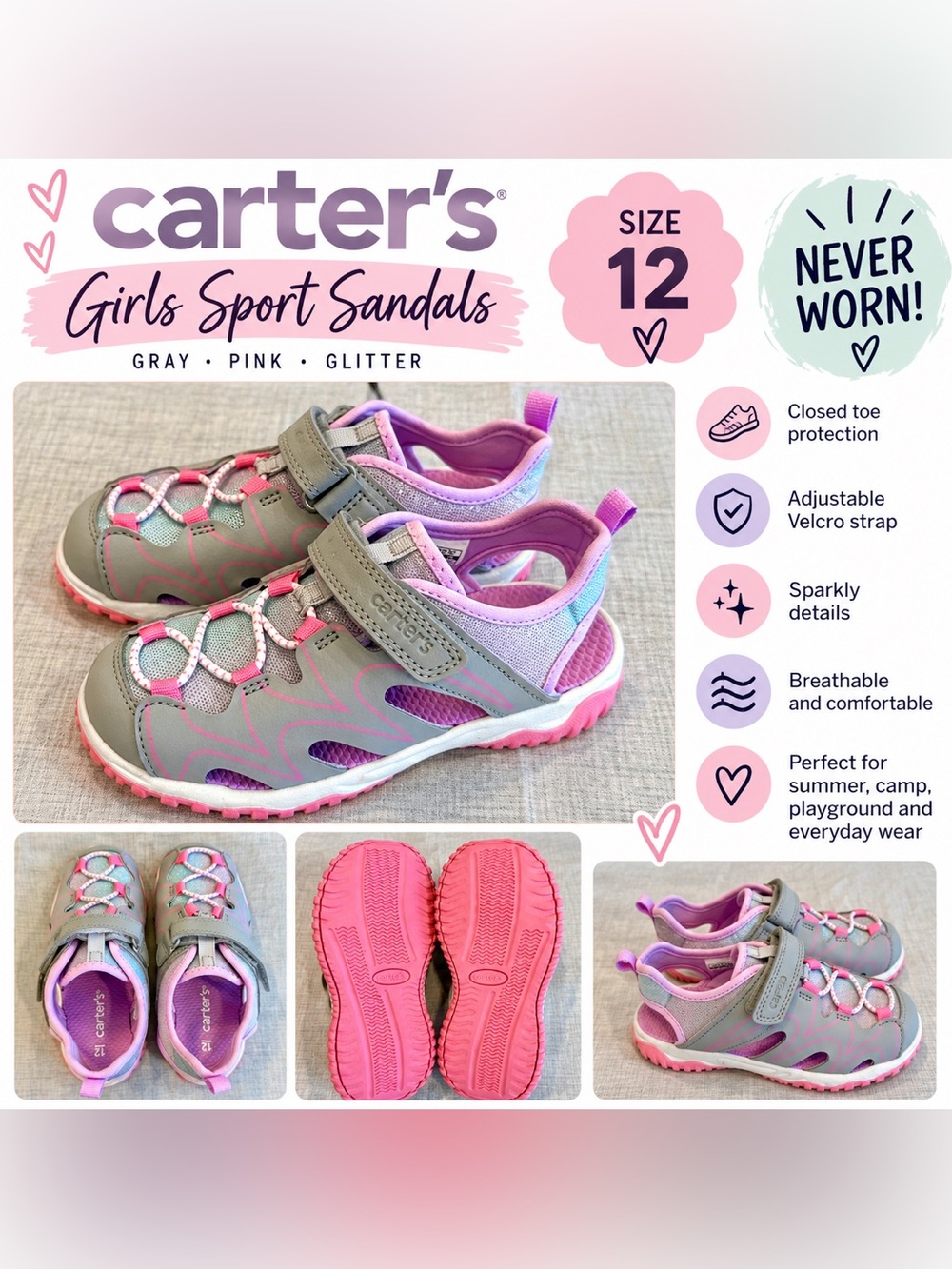 Carter’s Girls Sport Sandals Size 12 Gray Pink Glitter – Never Worn
